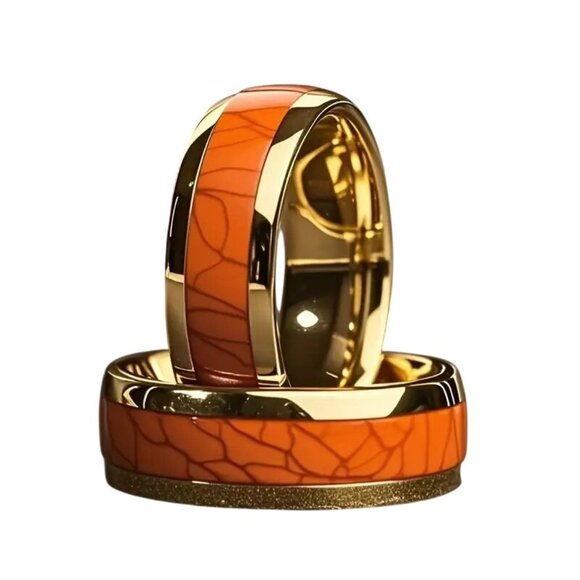 Tungsten Steel Men's Fashion Ring High Polished Orange Marble & gold plated rims - Picture 1 of 5